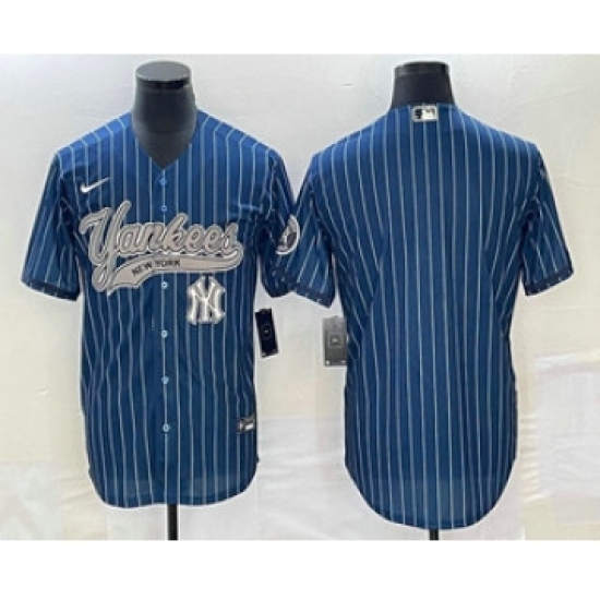 Men's New York Yankees Big Logo Navy Blue Pinstripe Cool Base Stitched Baseball Jerseys - Ujersey