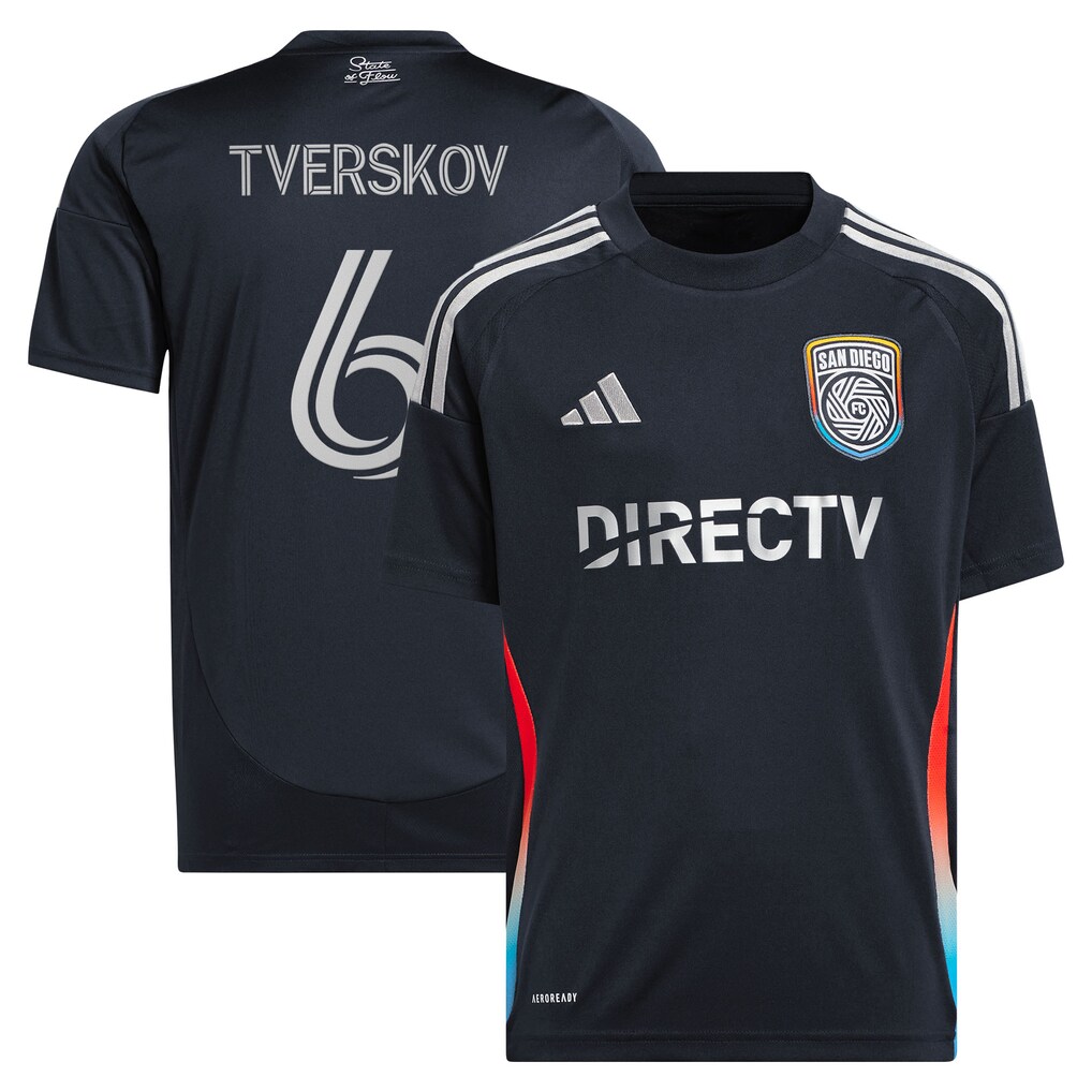 Youth San Diego FC Jeppe Tverskov adidas Navy 2025 State of Flow Replica Jersey - Ujersey