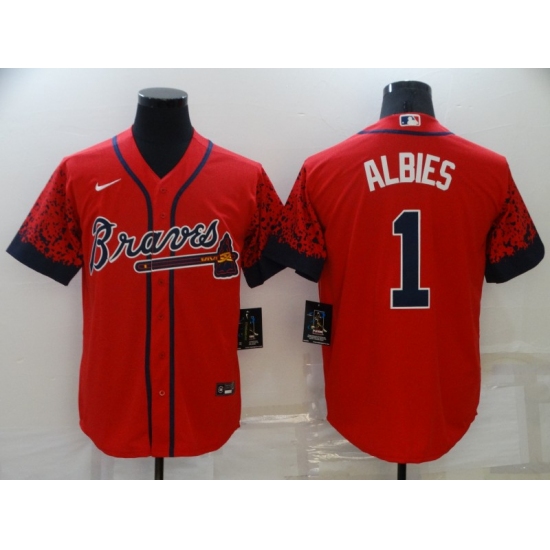 Men's Atlanta Braves #1 Ozzie Albies 2021 City Connect Red Cool Base Stitched Baseball Jersey - Ujersey