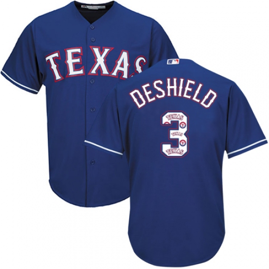 Men's Majestic Texas Rangers #3 Delino DeShields Authentic Royal Blue Team Logo Fashion Cool Base MLB Jersey