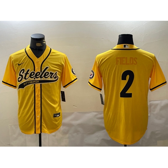 Men's Pittsburgh Steelers #2 Justin Fields Yellow With Cool Base Stitched Baseball Jersey - Ujersey