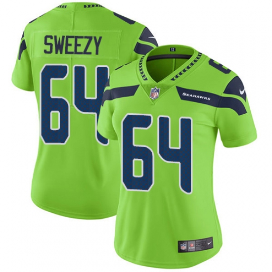 Women Nike Seattle Seahawks #64 J.R. Sweezy Limited Green Rush Vapor Untouchable NFL Jersey - Ujersey
