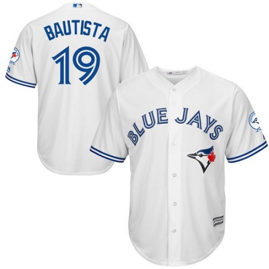Men's Majestic Toronto Blue Jays #19 Jose Bautista Replica White Home 40th Anniversary Patch MLB Jersey - Ujersey
