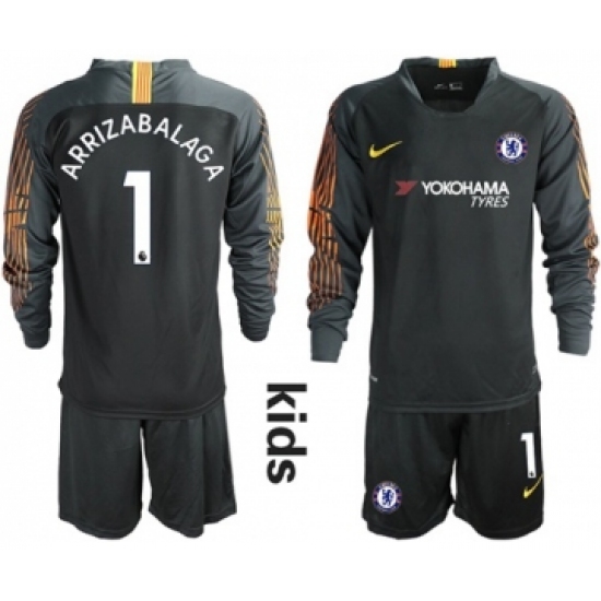 Chelsea #1 Arrizabalaga Black Goalkeeper Long Sleeves Kid Soccer Club Jersey