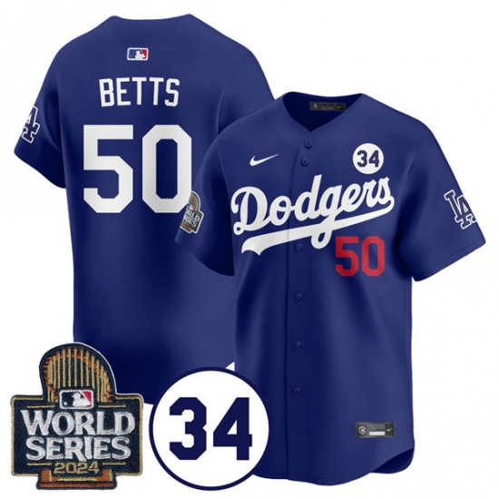 Men's Los Angeles Dodgers #50 Mookie Betts Royal 2024 World Series With No. 34 Cool Base Stitched Baseball Jersey - Ujersey
