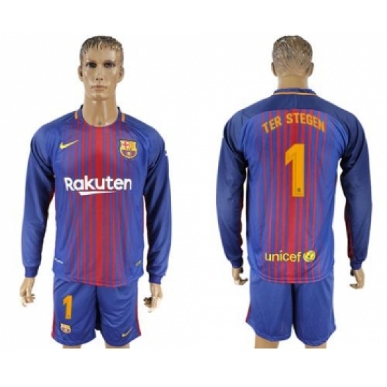 Barcelona #1 Ter Stegen Home Long Sleeves Soccer Club Jersey
