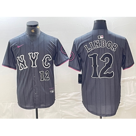 Men's New York Mets #12 Francisco Lindor Number Grey 2024 City Connect Cool Base Stitched Jersey - Ujersey