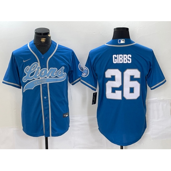 Men's Detroit Lions #26 Jahmyr Gibbs Blue With Cool Base Stitched Baseball Jersey - Ujersey