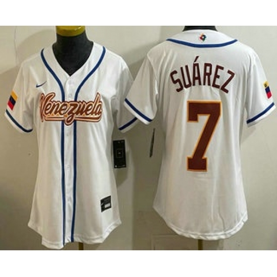 Women's Venezuela #7 Eugenio Suarez White 2026 World Baseball Classic Cool Base Jersey