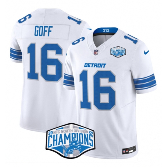 Men's Detroit Lions #16 Jared Goff White 2024 NFC North Champions F.U.S.E. Vapor Limited Stitched Jersey