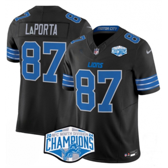 Men's Detroit Lions #87 Sam LaPorta Black 2024 NFC North Champions F.U.S.E. Vapor Limited Stitched Jersey - Ujersey