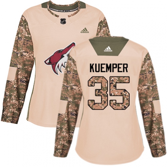 Women's Adidas Arizona Coyotes #35 Darcy Kuemper Authentic Camo Veterans Day Practice NHL Jersey - Ujersey