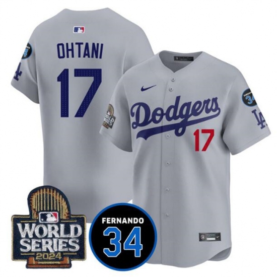 Men's Los Angeles Dodgers #17 Shohei Ohtani Grey 2024 World Series With Fernando Memorial Limited Stitched Baseball Jersey - Ujersey