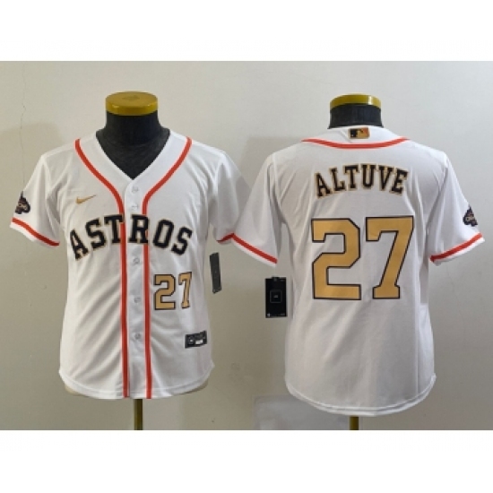 Youth Houston Astros #27 Jose Altuve Number 2023 White Gold World Serise Champions Cool Base Stitched Jerseys - Ujersey