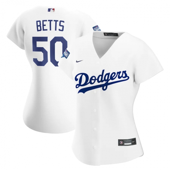 Women's Los Angeles Dodgers #50 Mookie Betts Nike White 2020 World Series Champions Home Replica Player Jersey - Ujersey