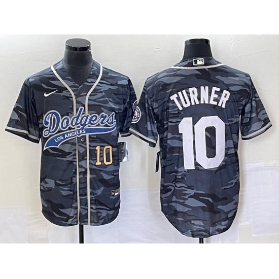 Men's Los Angeles Dodgers #10 Justin Turner Number Grey Camo Cool Base Stitched Baseball Jersey - Ujersey