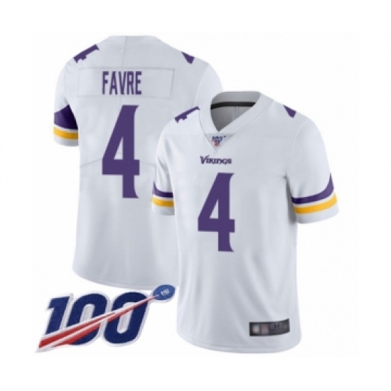 Men's Minnesota Vikings #4 Brett Favre White Vapor Untouchable Limited Player 100th Season Football Jersey