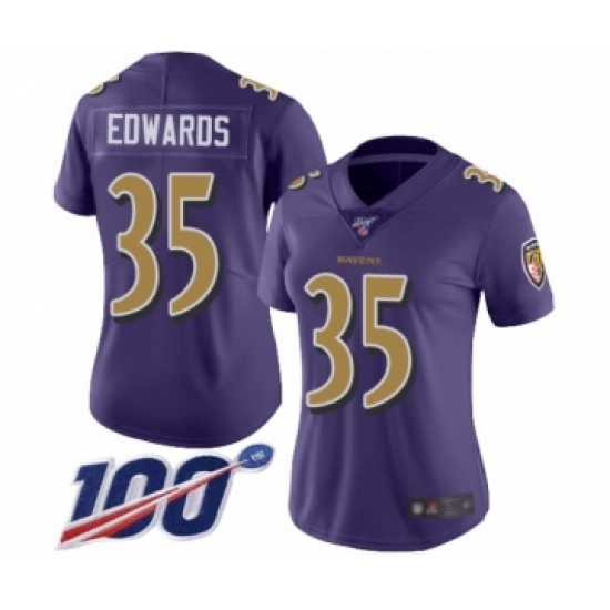 Women's Baltimore Ravens #35 Gus Edwards Limited Purple Rush Vapor Untouchable 100th Season Football Jersey - Ujersey