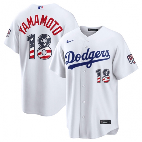Men's Los Angeles Dodgers #18 Yoshinobu Yamamoto White USA 250 Fourth of July Home Stitched Baseball Jersey - Ujersey