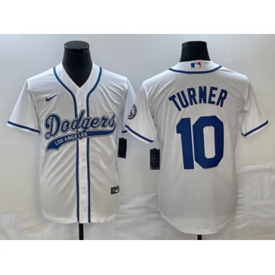 Men's Los Angeles Dodgers #10 Justin Turner White Cool Base Stitched Baseball Jersey1 - Ujersey
