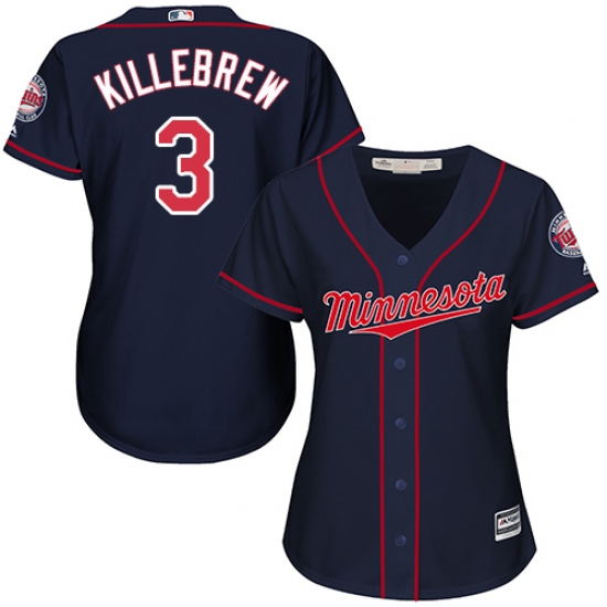 Women's Majestic Minnesota Twins #3 Harmon Killebrew Authentic Navy Blue Alternate Road Cool Base MLB Jersey - Ujersey