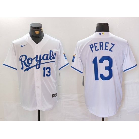 Men's Kansas City Royals #13 Salvador Perez Number White Cool Base Stitched Jersey - Ujersey