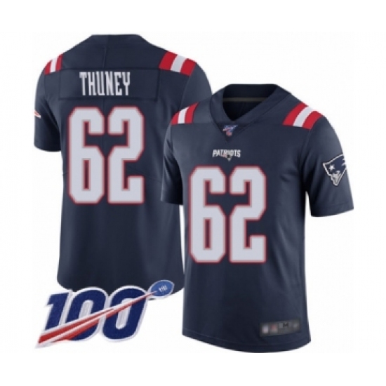 Men's New England Patriots #62 Joe Thuney Limited Navy Blue Rush Vapor Untouchable 100th Season Football Jersey - Ujersey