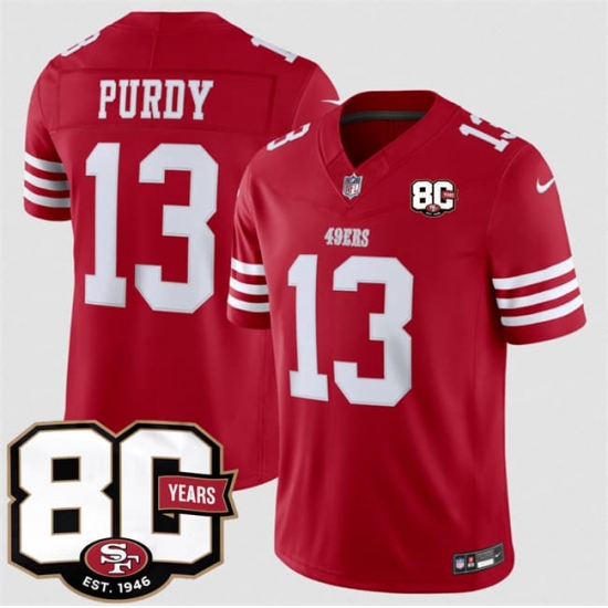 Men's San Francisco 49ers #13 Brock Purdy Red 80th Anniversary 2026 F.U.S.E. Vapor Untouchable Limited Football Stitched Jersey - Ujersey