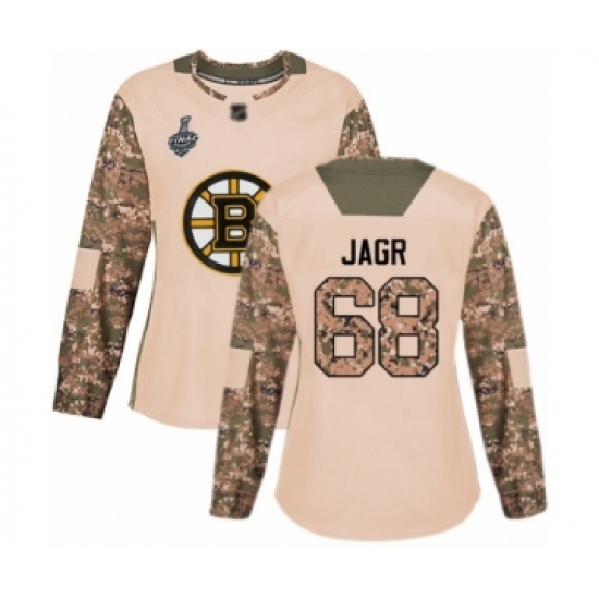 Women's Boston Bruins #68 Jaromir Jagr Authentic Camo Veterans Day Practice 2019 Stanley Cup Final Bound Hockey Jersey - Ujersey