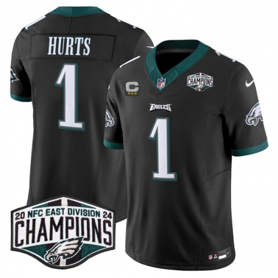 Men's Philadelphia Eagles #1 Jalen Hurts Black 2024 NFC East Champions With 3-Star C F.U.S.E. Vapor Untouchable Limited Stitched Football Jersey