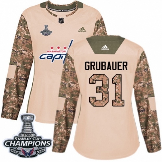 Women's Adidas Washington Capitals #31 Philipp Grubauer Authentic Camo Veterans Day Practice 2018 Stanley Cup Final Champions NHL Jersey - Ujersey