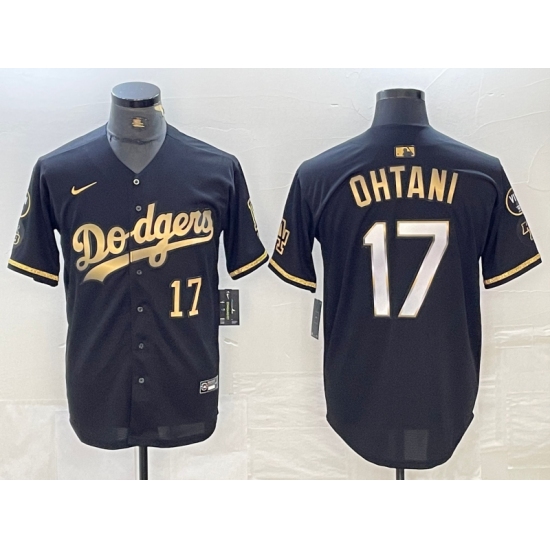 Mens Los Angeles Dodgers #17 Shohei Ohtani Number Black Gold Stitched Cool Base Nike Jersey - Ujersey