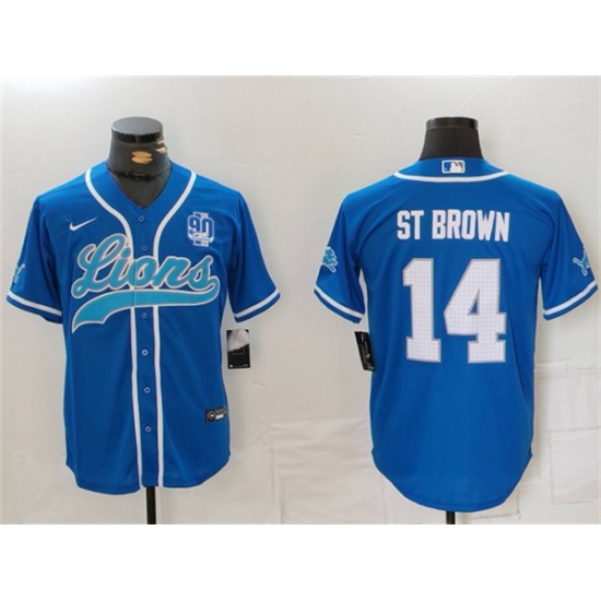 Men's Detroit Lions #14 Amon-Ra St. Brown Blue With 90th Anniversary Cool Base Stitched Baseball Jersey - Ujersey