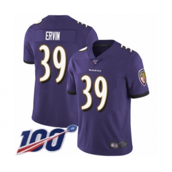 Men's Baltimore Ravens #39 Tyler Ervin Purple Team Color Vapor Untouchable Limited Player 100th Season Football Jersey - Ujersey