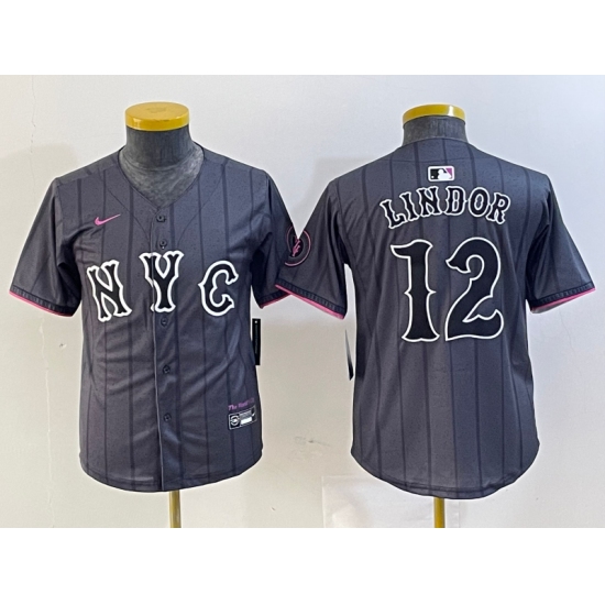 Youth New York Mets #12 Francisco Lindor Grey 2024 City Connect Cool Base Stitched Jersey - Ujersey