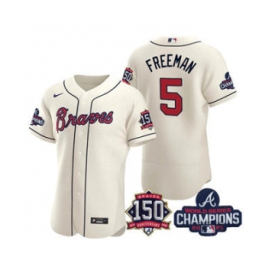Men's Atlanta Braves #5 Freddie Freeman 2021 Cream World Series Champions With 150th Anniversary Flex Base Stitched Jersey - Ujersey