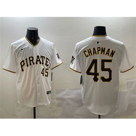 Men's Pittsburgh Pirates #45 Aroldis Chapman White Home Limited Stitched Baseball Jersey - Ujersey
