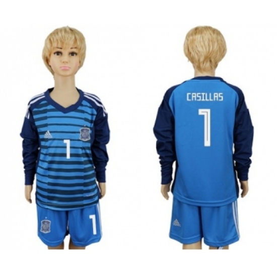 Spain #1 Casillas Blue Long Sleeves Goalkeeper Kid Soccer Country Jersey