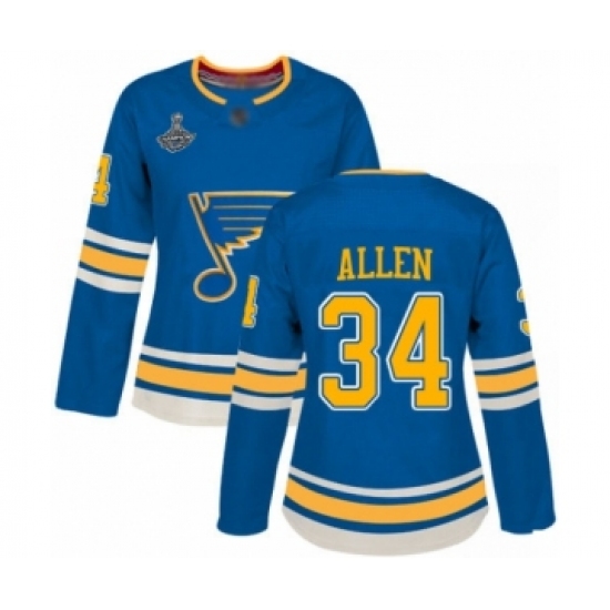 Women's St. Louis Blues #34 Jake Allen Authentic Navy Blue Alternate 2019 Stanley Cup Champions Hockey Jersey - Ujersey