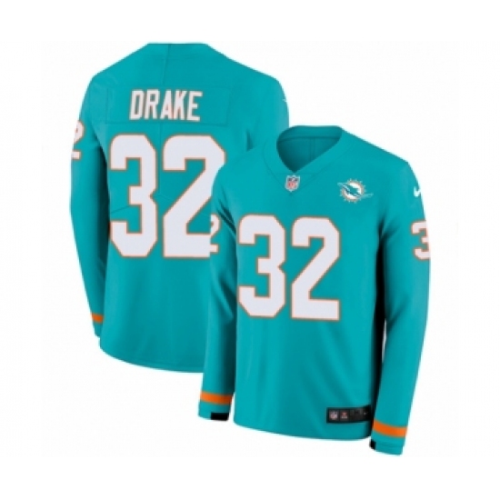 Men's Nike Miami Dolphins #32 Kenyan Drake Limited Aqua Therma Long Sleeve NFL Jersey - Ujersey