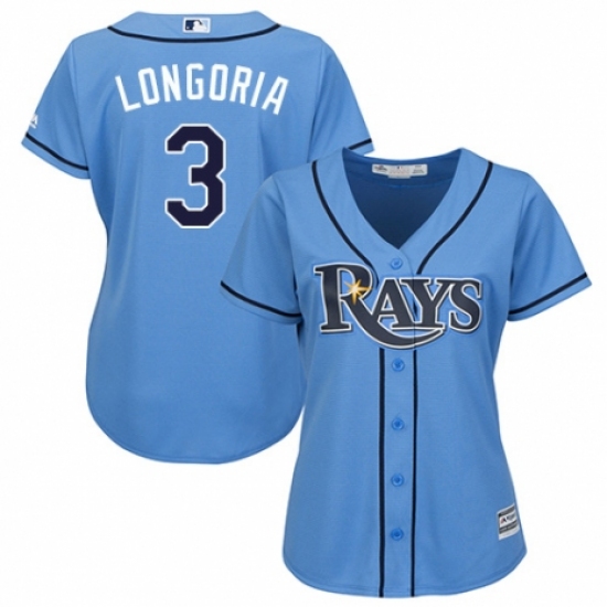 Women's Majestic Tampa Bay Rays #3 Evan Longoria Authentic Light Blue Alternate 2 Cool Base MLB Jersey - Ujersey