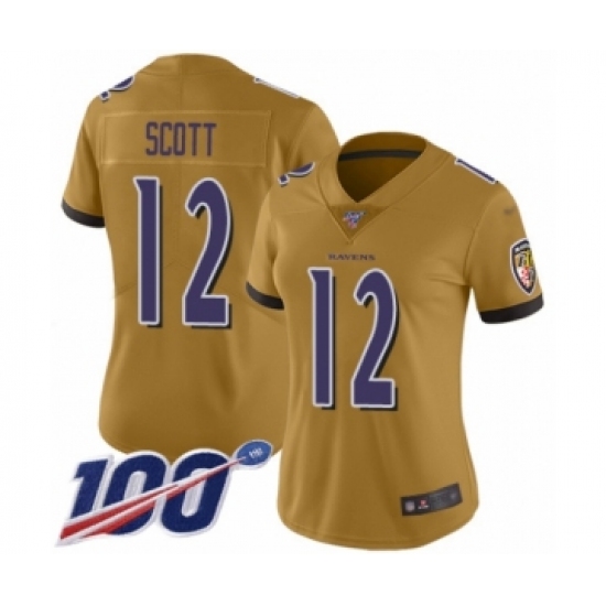 Women's Baltimore Ravens #12 Jaleel Scott Limited Gold Inverted Legend 100th Season Football Jersey - Ujersey