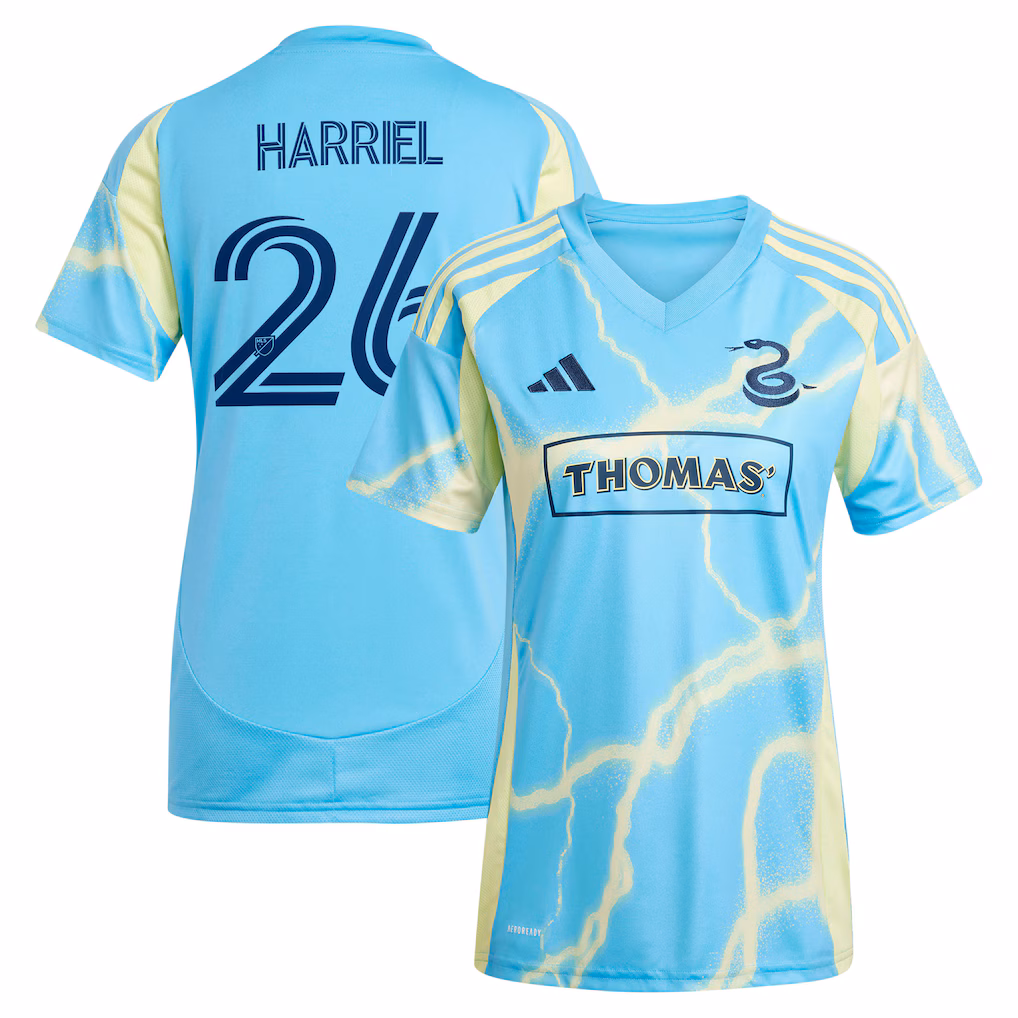 Women's Philadelphia Union Nathan Harriel adidas Blue 2025 The Voltage Kit Replica Jersey - Ujersey NHL