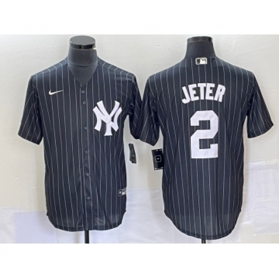 Men's Nike New York Yankees #2 Derek Jeter Black Pinstripe Cool Base Stitched Baseball Jersey - Ujersey