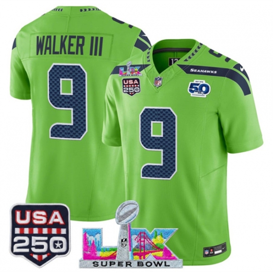 Men's Seattle Seahawks #9 Kenneth Walker III Green 2025 F.U.S.E. Super Bowl LX And 50th Season & USA 250 Vapor Limited Football Stitched Jersey - Ujersey