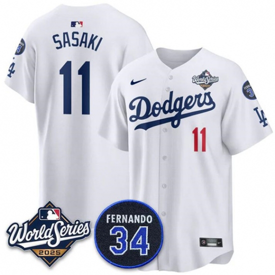Men's Los Angeles Dodgers #11 Rōki Sasaki White 2025 World Series With No. 34 Limited Stitched Jersey - Ujersey