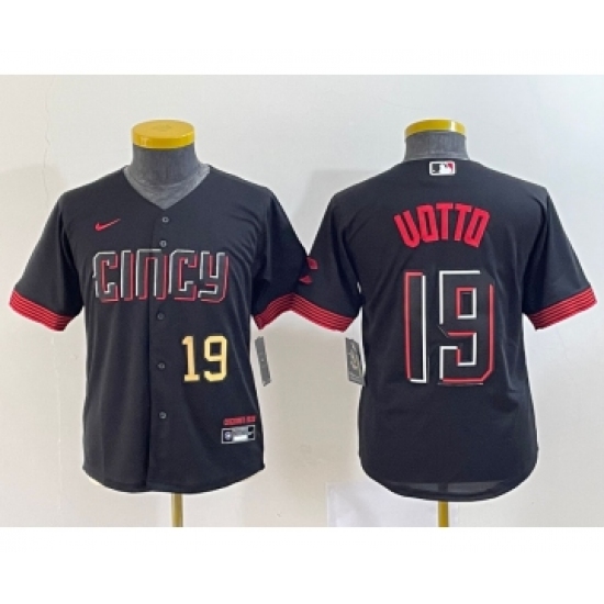 Youth Cincinnati Reds #19 Joey Votto Number Black 2023 City Connect Cool Base Stitched Jersey2 - Ujersey