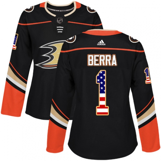 Women's Adidas Anaheim Ducks #1 Reto Berra Authentic Black USA Flag Fashion NHL Jersey - Ujersey