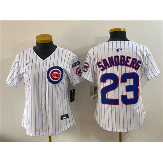 Women's Chicago Cubs #23 Ryne Sandberg White Pinstripe 'Ryne Sandberg Tribute' Vapor Limited V3 Stitched Baseball Jersey(Run Small) - Ujersey