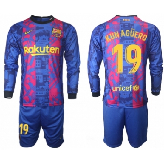 Men 2021-2022 Club Barcelona Second away blue Long Sleeve 19 Soccer Jersey